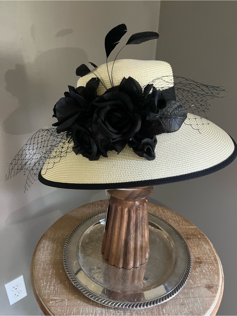 Ivory Straw Wide-Brim Hat with Black Floral Trim